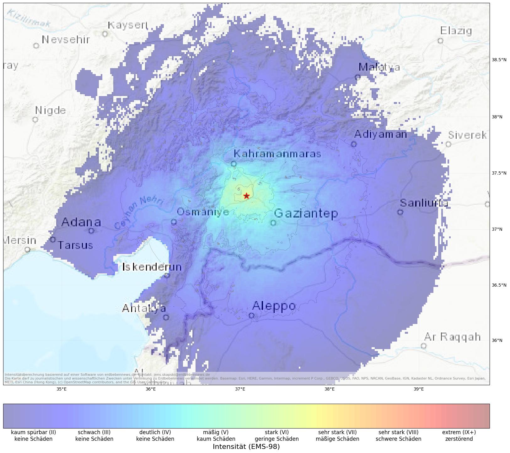 Berechnete Intensität (ShakeMap) des Erdbebens der Stärke 4.9 am 7. September, 08:31 Uhr in Türkei