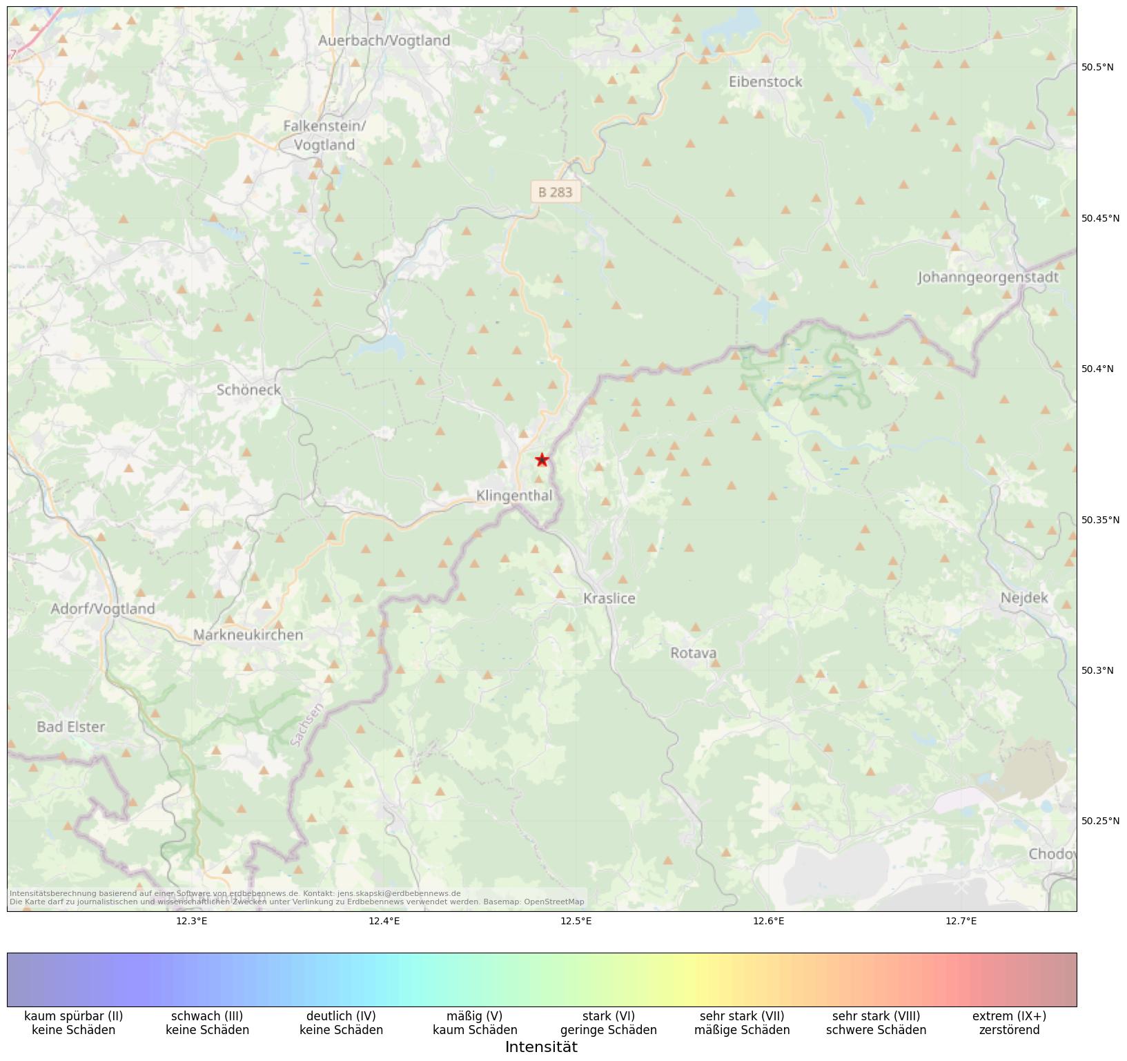 Berechnete Intensität (ShakeMap) des Erdbebens der Stärke 1.2 am 08. September, 21:17 in Deutschland