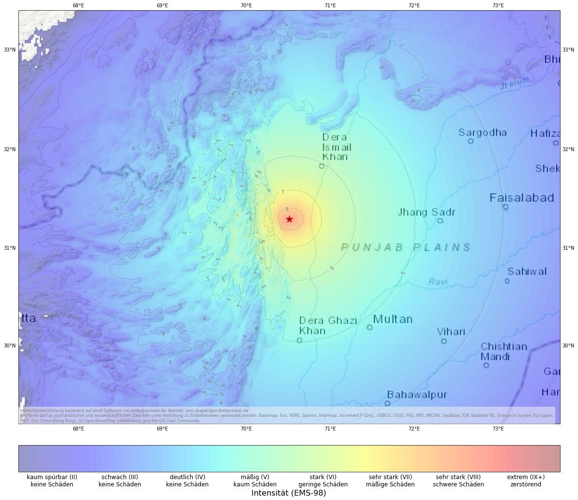 Berechnete Intensität (ShakeMap) des Erdbebens der Stärke 5.7 am 11. September, 9:28 Uhr in Pakistan