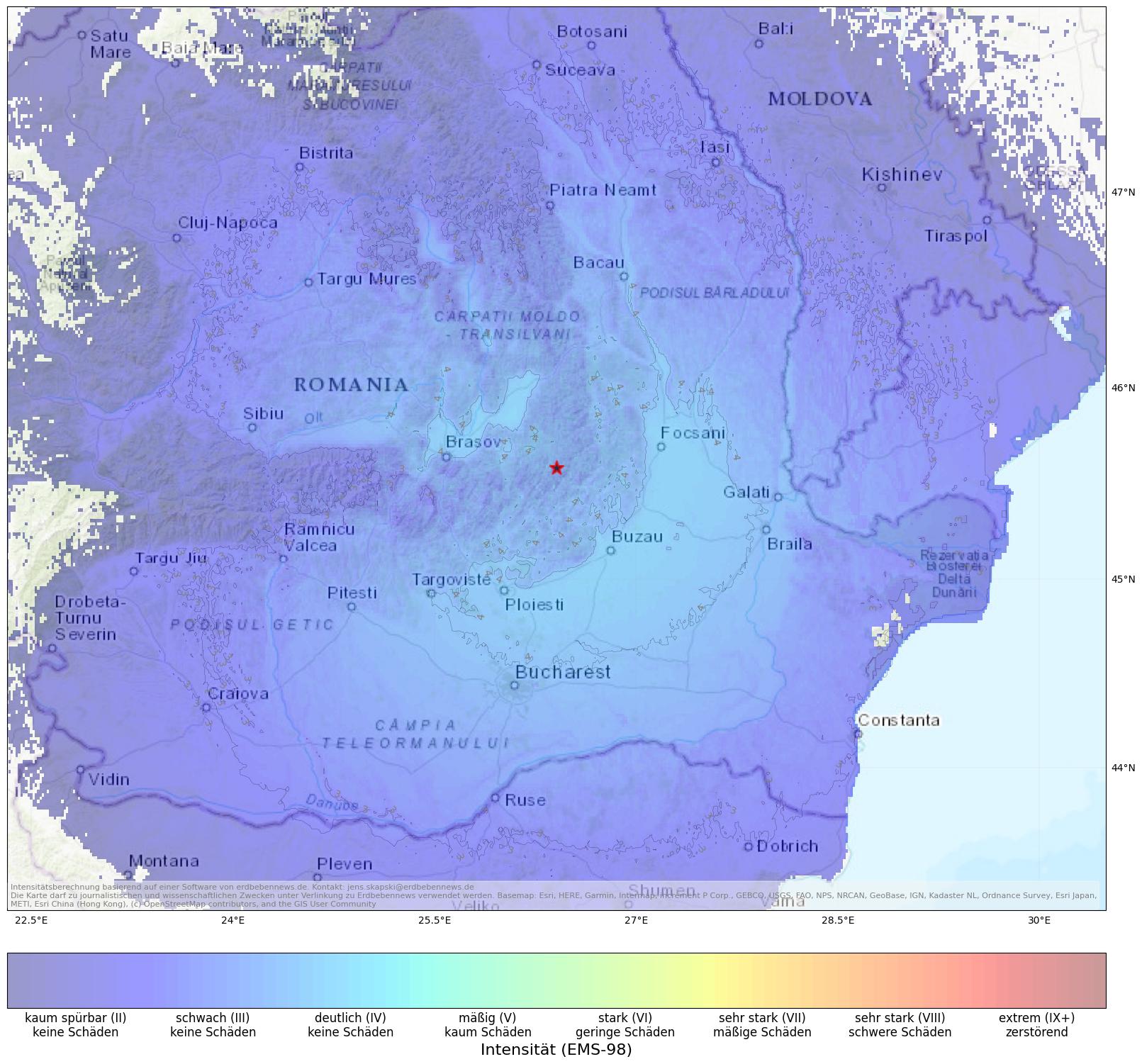 Berechnete Intensität (ShakeMap) des Erdbebens der Stärke 5.2 am 16. September, 16:40 Uhr in Rumänien