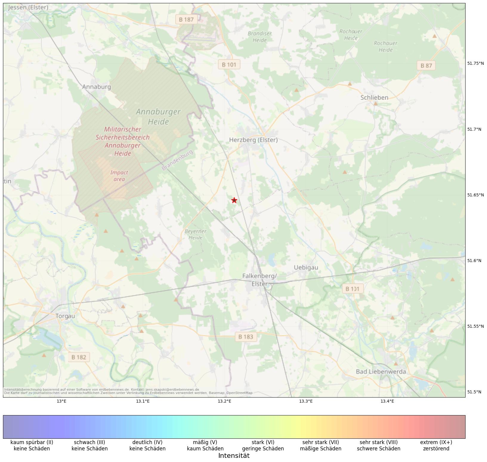 Berechnete Intensität (ShakeMap) des Erdbebens der Stärke 0.9 am 17. September, 05:15 in Deutschland