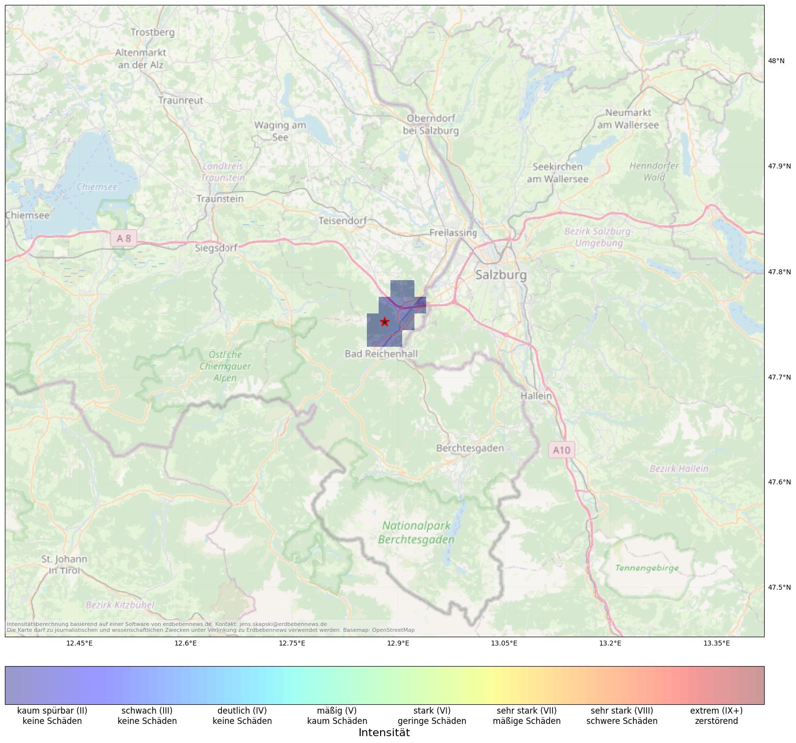 Berechnete Intensität (ShakeMap) des Erdbebens der Stärke 2.1 am 22. September, 20:21 in Deutschland