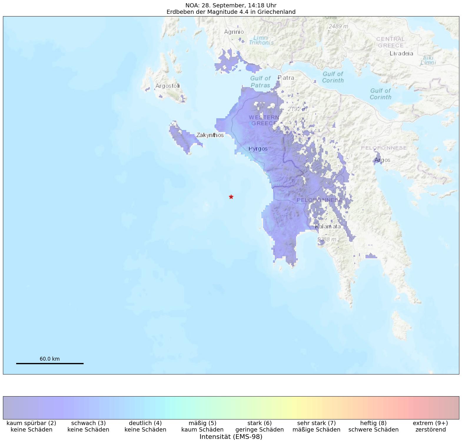 Berechnete Intensität (ShakeMap) des Erdbebens der Stärke 4.4 am 28. September, 14:18 Uhr in Griechenland