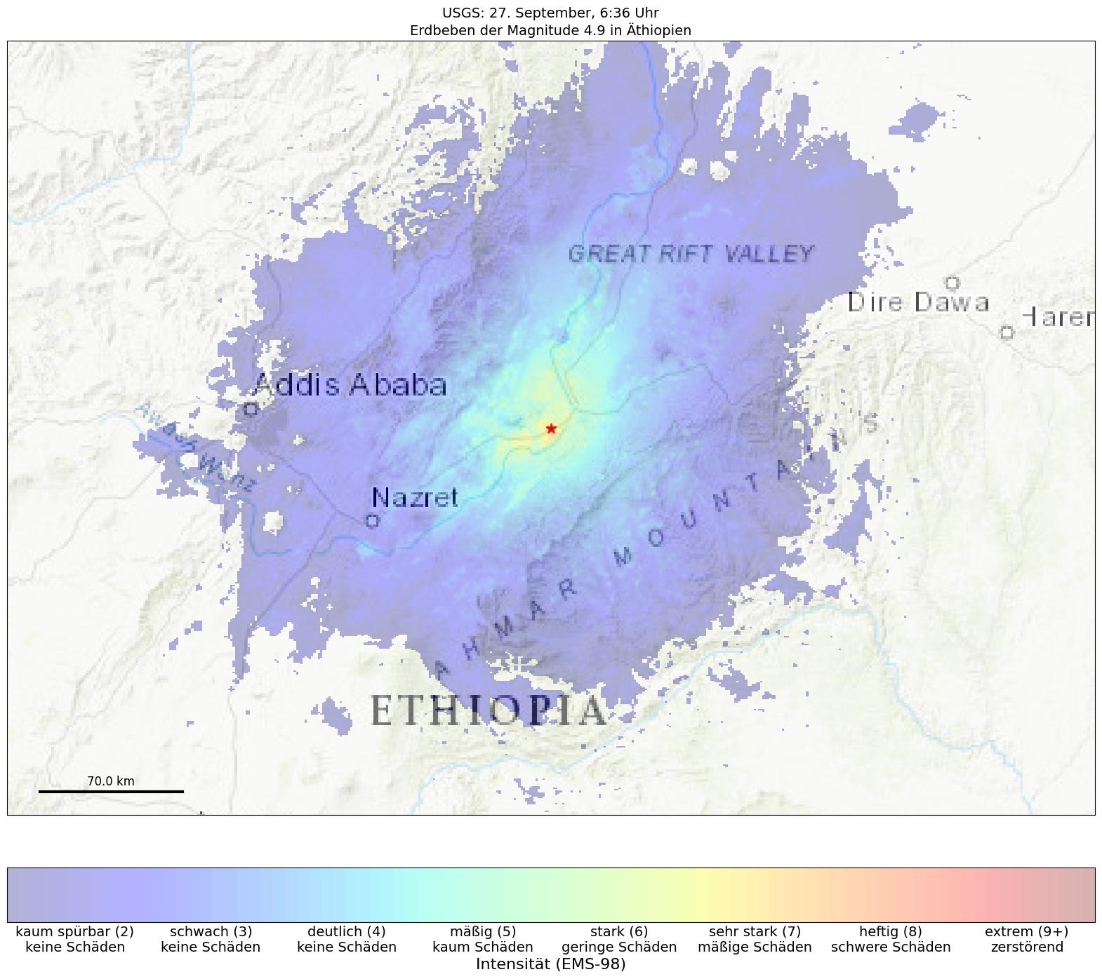 Berechnete Intensität (ShakeMap) des Erdbebens der Stärke 4.9 am 27. September, 6:36 Uhr in Äthiopien